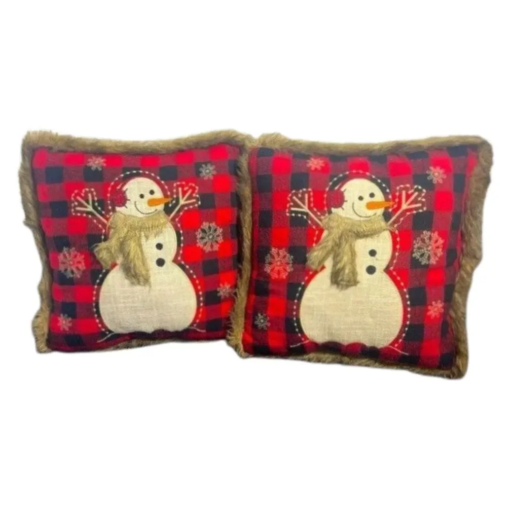 Accent Holiday Christmas Snowman Throw Pillows 2 Buffalo Plaid 13” Square